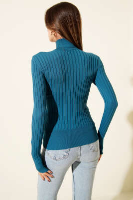 Fitilli Tam Balıkçı Yaka Triko Kazak Petrol - Kadın Giyim Modelleri