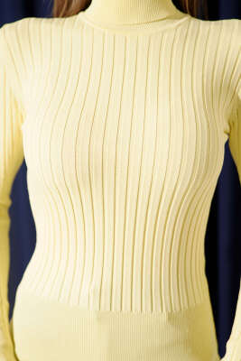 Fitilli Tam Balıkçı Yaka Triko Kazak Sarı - Kadın Giyim Modelleri