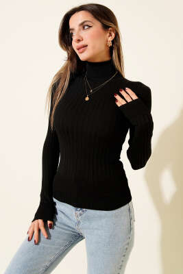 Fitilli Tam Balıkçı Yaka Triko Kazak Siyah - Kadın Giyim Modelleri