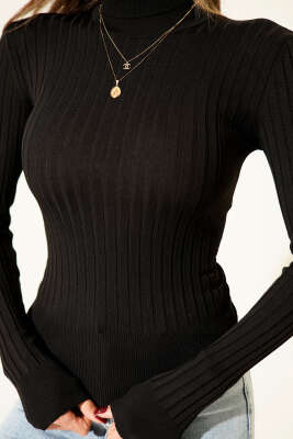 Fitilli Tam Balıkçı Yaka Triko Kazak Siyah - Kadın Giyim Modelleri