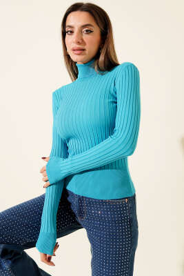 Fitilli Tam Balıkçı Yaka Triko Kazak Turkuaz - LUSTRİN