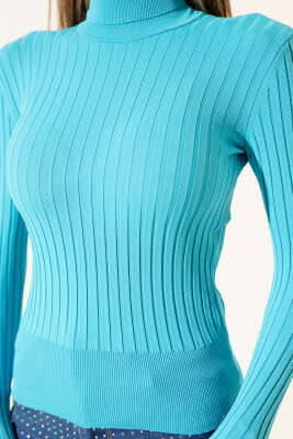 Fitilli Tam Balıkçı Yaka Triko Kazak Turkuaz - Kadın Giyim Modelleri
