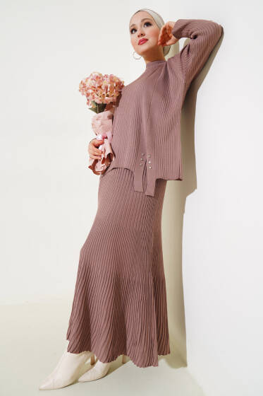 Fitilli Taşlı Triko Etekli İkili Takım Gül Kurusu - İkili Takım