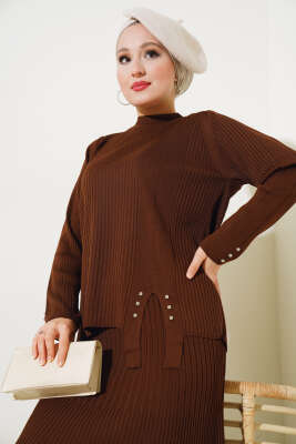 Fitilli Taşlı Triko Etekli İkili Takım Kahve - Triko İkili Takım