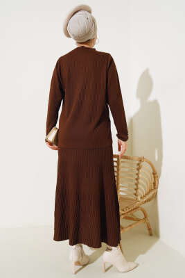 Fitilli Taşlı Triko Etekli İkili Takım Kahve - Triko İkili Takım