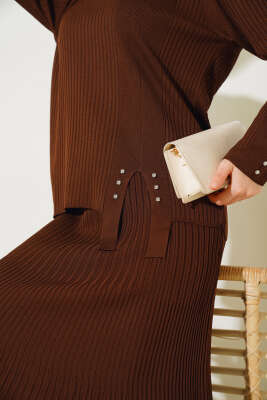 Fitilli Taşlı Triko Etekli İkili Takım Kahve - Triko İkili Takım