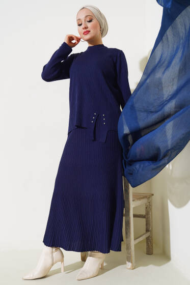 Fitilli Taşlı Triko Etekli İkili Takım Lacivert - İkili Takım