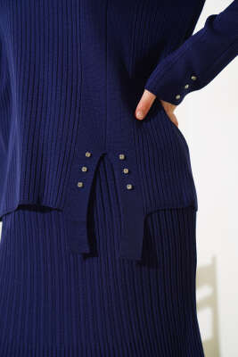 Fitilli Taşlı Triko Etekli İkili Takım Lacivert - Triko İkili Takım