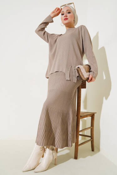 Fitilli Taşlı Triko Etekli İkili Takım Latte - İkili Takım