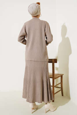 Fitilli Taşlı Triko Etekli İkili Takım Latte - Triko İkili Takım