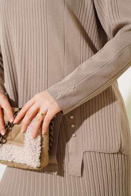 Fitilli Taşlı Triko Etekli İkili Takım Latte - Triko İkili Takım