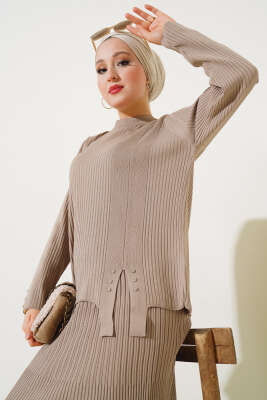 Fitilli Taşlı Triko Etekli İkili Takım Latte - Triko İkili Takım