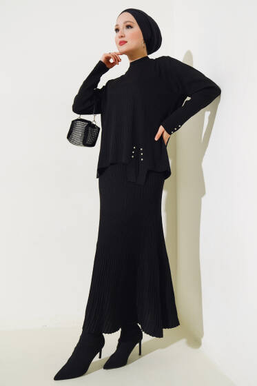 Fitilli Taşlı Triko Etekli İkili Takım Siyah - İkili Takım