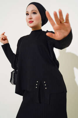 Fitilli Taşlı Triko Etekli İkili Takım Siyah - Triko İkili Takım