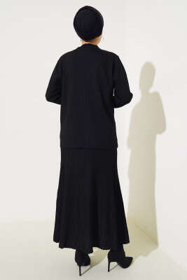 Fitilli Taşlı Triko Etekli İkili Takım Siyah - Triko İkili Takım