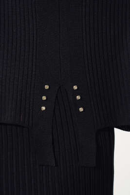 Fitilli Taşlı Triko Etekli İkili Takım Siyah - Triko İkili Takım