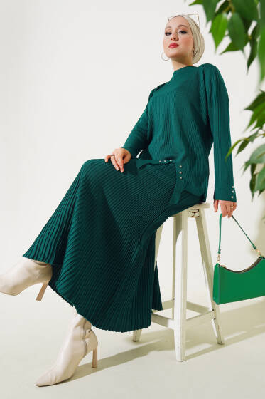Fitilli Taşlı Triko Etekli İkili Takım Zümrüt - İkili Takım