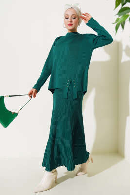 Fitilli Taşlı Triko Etekli İkili Takım Zümrüt - Triko İkili Takım