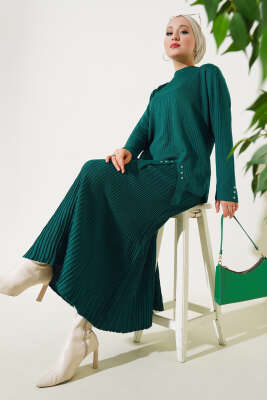 Fitilli Taşlı Triko Etekli İkili Takım Zümrüt 