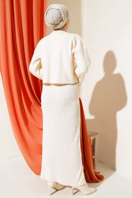 Fitilli Triko Kazak Jile İkili Takım Bej - Triko İkili Takım