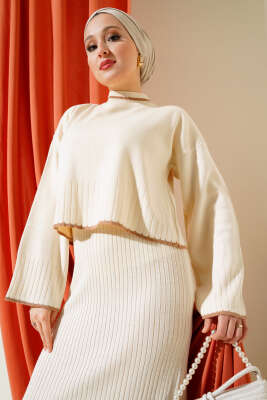 Fitilli Triko Kazak Jile İkili Takım Bej - Triko İkili Takım