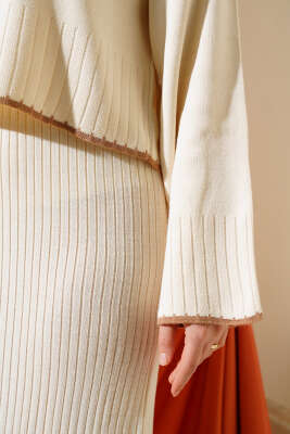 Fitilli Triko Kazak Jile İkili Takım Bej - Triko İkili Takım