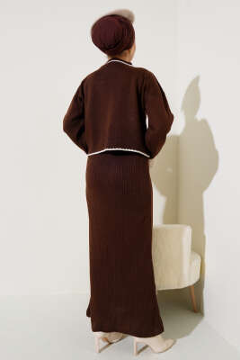 Fitilli Triko Kazak Jile İkili Takım Kahve - Triko İkili Takım