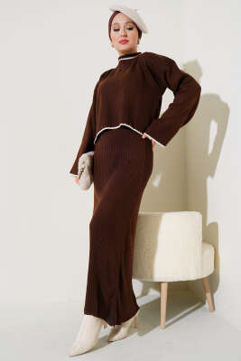 Fitilli Triko Kazak Jile İkili Takım Kahve - Triko İkili Takım