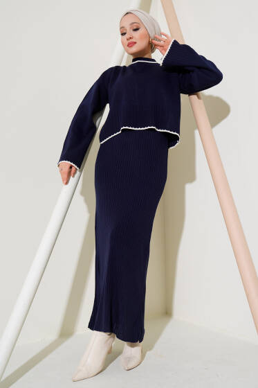 Fitilli Triko Kazak Jile İkili Takım Lacivert - İkili Takım