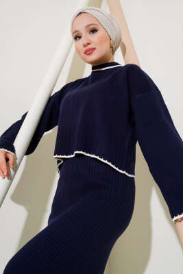 Fitilli Triko Kazak Jile İkili Takım Lacivert - Triko İkili Takım