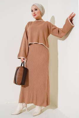 Fitilli Triko Kazak Jile İkili Takım Latte 