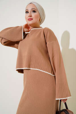 Fitilli Triko Kazak Jile İkili Takım Latte - Triko İkili Takım