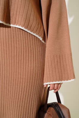 Fitilli Triko Kazak Jile İkili Takım Latte - Triko İkili Takım