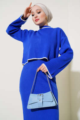 Fitilli Triko Kazak Jile İkili Takım Saks - Triko İkili Takım