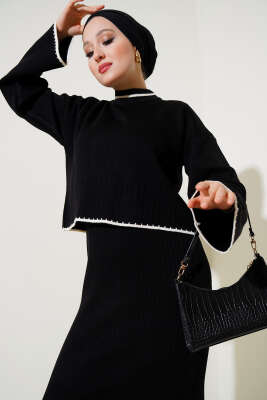 Fitilli Triko Kazak Jile İkili Takım Siyah - Triko İkili Takım