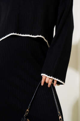 Fitilli Triko Kazak Jile İkili Takım Siyah - Triko İkili Takım