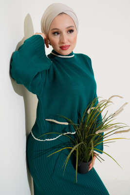 Fitilli Triko Kazak Jile İkili Takım Zümrüt - Triko İkili Takım