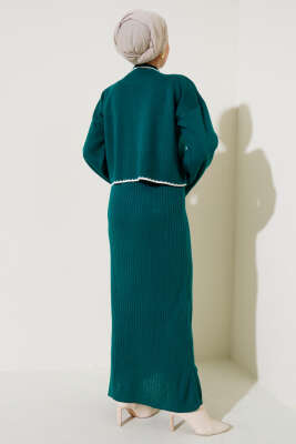 Fitilli Triko Kazak Jile İkili Takım Zümrüt - Triko İkili Takım