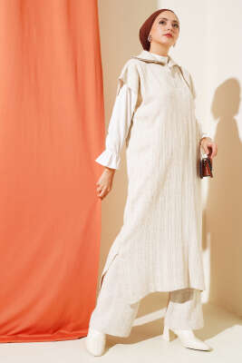 Fitilli Yakası Yarım Fermuarlı Triko Takım Bej 