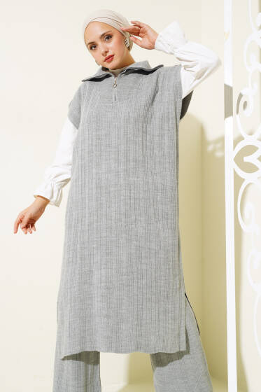 Fitilli Yakası Yarım Fermuarlı Triko Takım Gri - İkili Takım