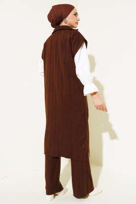 Fitilli Yakası Yarım Fermuarlı Triko Takım Kahve - Triko İkili Takım