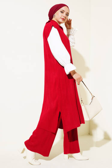 Fitilli Yakası Yarım Fermuarlı Triko Takım Kırmızı - İkili Takım