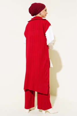 Fitilli Yakası Yarım Fermuarlı Triko Takım Kırmızı - Triko İkili Takım