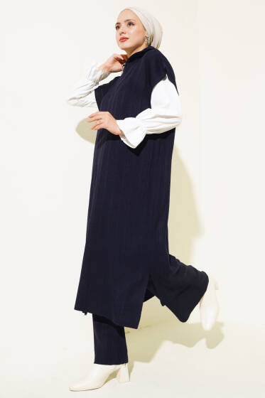 Fitilli Yakası Yarım Fermuarlı Triko Takım Lacivert - İkili Takım