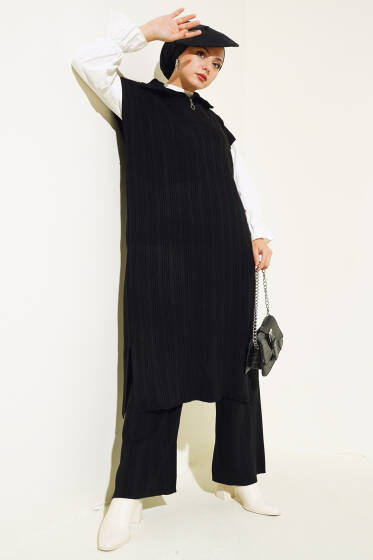 Fitilli Yakası Yarım Fermuarlı Triko Takım Siyah - İkili Takım