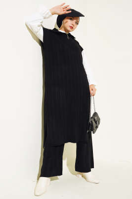 Fitilli Yakası Yarım Fermuarlı Triko Takım Siyah - Triko İkili Takım