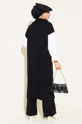 Fitilli Yakası Yarım Fermuarlı Triko Takım Siyah - Triko İkili Takım