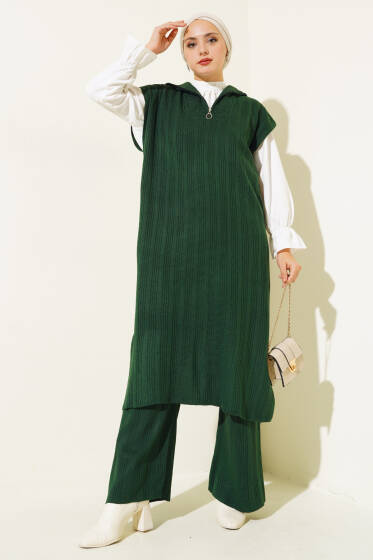 Fitilli Yakası Yarım Fermuarlı Triko Takım Zümrüt - İkili Takım