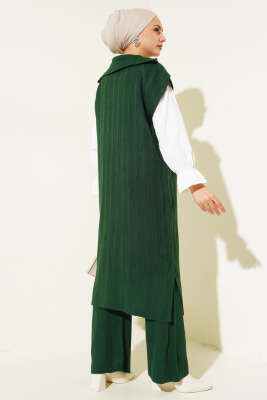 Fitilli Yakası Yarım Fermuarlı Triko Takım Zümrüt - Triko İkili Takım