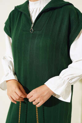 Fitilli Yakası Yarım Fermuarlı Triko Takım Zümrüt - Triko İkili Takım